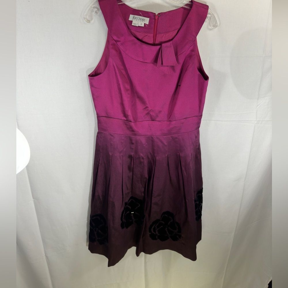 Kay Unger Silk Ombre Cocktail Dress Size 12 Purple Pink Fit & Flare Floral Hem - Picture 7 of 12